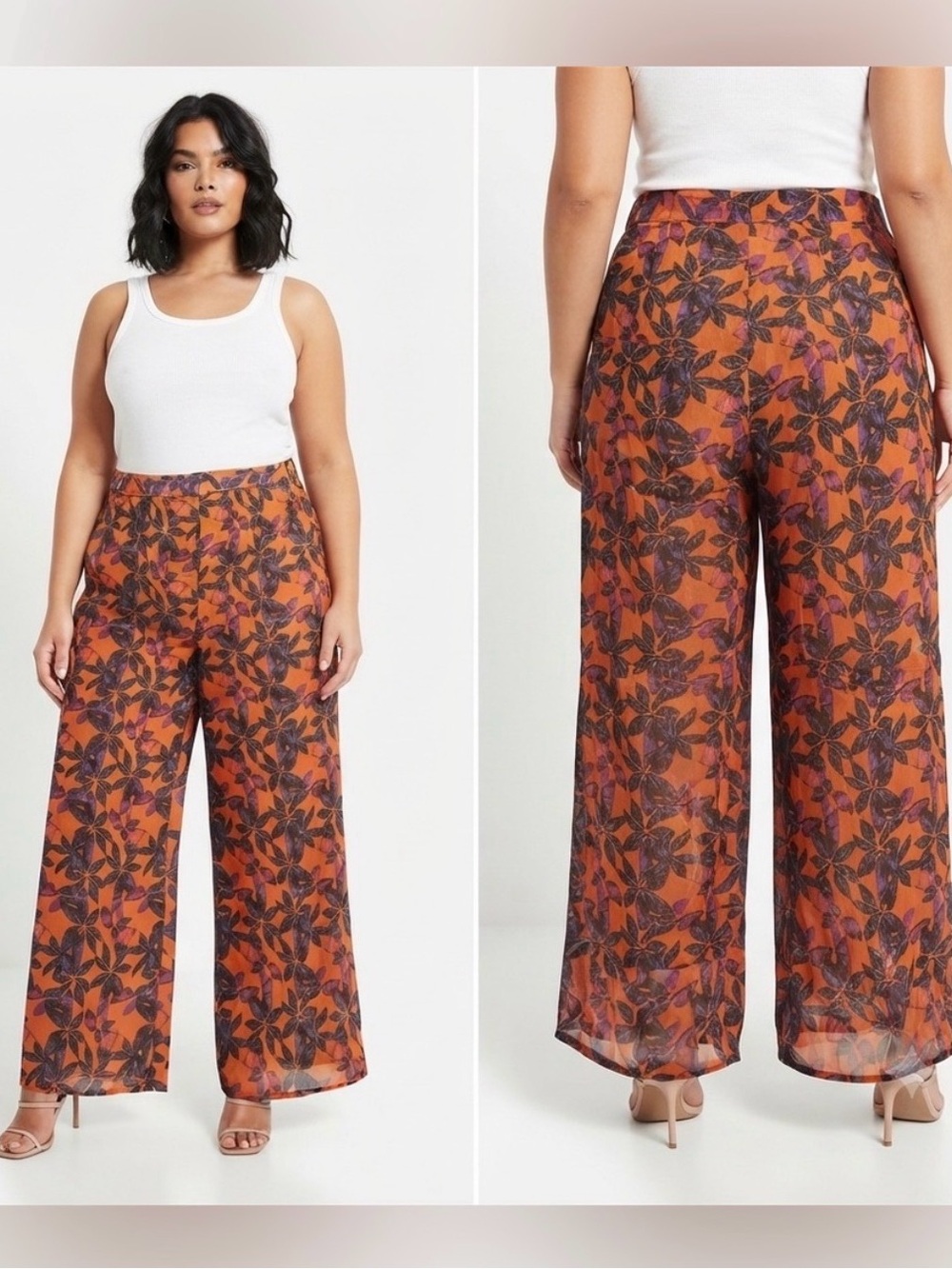 NWT Prettylittlething Orange Printed Beach Flare Wide Leg Pants - Size 20